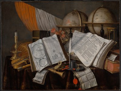 Ein Vanitas-Stillleben mit einer Flagge, einem Kerzenhalter, Musikinstrumenten, Büchern, Schreibutensilien, Globen und einer Sanduhr von Edwaert Collier