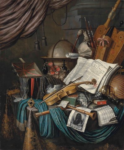 Ein Globus, eine Schatulle mit Juwelen und Medaillons, Bücher, eine Drehleier, ein Dudelsack, eine Laute, eine Violine, eine umgedrehte Silbertazza und ein Römer, eine Nautilusschale, eine Blockflöte, eine Schalmei, ein Druck mit einem Selbstporträt des Kü von Edwaert Colyer or Collier