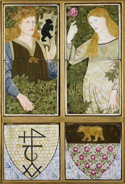 König Artus und Königin Guinevere, Sechsteilige Fliesenplatte hergestellt von Morris, Marshall, Faulkner & Co. von Edward Burne Jones