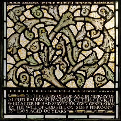 Widmung an Alfred Baldwin aus dem Joshua-Fenster (1902-1914) von Edward Coley and Dearle Burne Jones