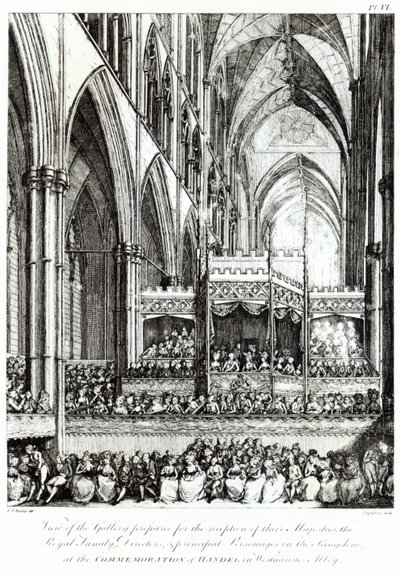 Ansicht der Galerie, vorbereitet für den Empfang Ihrer Majestäten der königlichen Familie, Direktoren und Hauptpersonen des Königreichs bei der Gedenkfeier für Händel in der Westminster Abbey, graviert von Joh von Edward Francis Burney