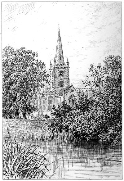 Stratford-Kirche vom Fluss aus gesehen, Stratford-upon-Avon, Warwickshire, 1885 von Edward Hull