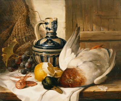 Eine Stockente, ein Krug, eine geschälte Zitrone, Trauben und Garnelen auf einem drapierten Sims von Edward Ladell