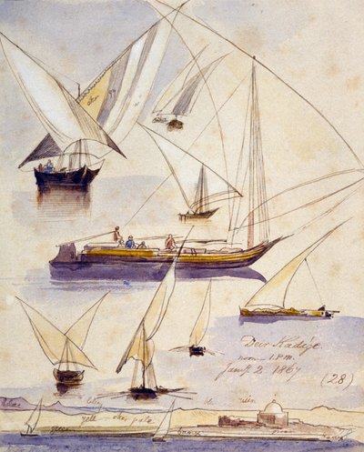 Studien verschiedener ägyptischer Boote (einschließlich Dahabeeyahs und Gyassis) in der Nähe von Deir KAdige (Ägypten) dargestellt auf einem ruhigen Abschnitt und unten auf der Seite eine Ansicht der Ufer des Nils mit einer Moschee von Edward Lear