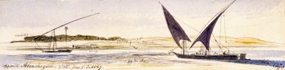 Die Ausdehnung des Nils und seiner Ufer mit zwei traditionellen ägyptischen Booten, darunter eine Dahabeeya. Farbige Aquarellzeichnung von Edward Lear