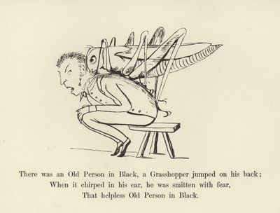 Es war eine alte Person in Schwarz, ein Grashüpfer sprang auf ihren Rücken von Edward Lear