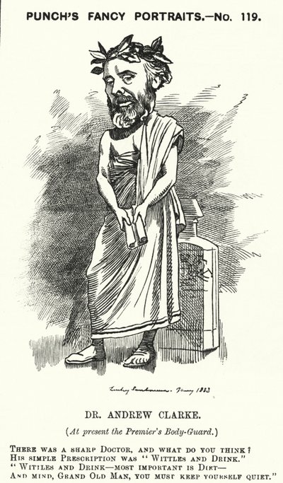 Karikatur: Sir Andrew Clarke, britischer Arzt, Leibarzt von William Ewart Gladstone (Gravur) von Edward Linley (after) Sambourne