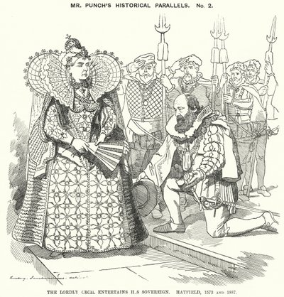 Punch-Karikatur: Der herrschaftliche Cecil unterhält seinen Souverän, Hatfield von Edward Linley (after) Sambourne