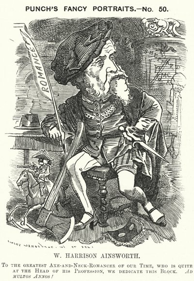 Punch-Karikatur: William Harrison Ainsworth, englischer Historienromanautor (Gravur) von Edward Linley (after) Sambourne