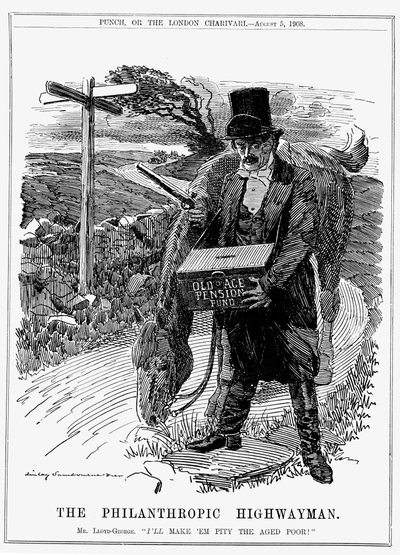 David Lloyd George (1863-1945), walisisch-britischer liberaler Staatsmann. 1908 führte Lloyd George als Schatzkanzler das Altersrenten-Gesetz ein. Karikatur von Edward Linley Sambourne aus Punch, London, August 1908. von Edward Linley Sambourne