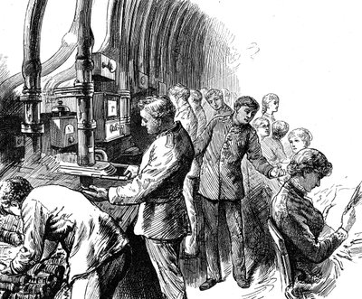 Gravur, die den pneumatischen Versand zeigt, den das General Post Office zur Beförderung von Paketen unter London verwendete von Edward Linley Sambourne
