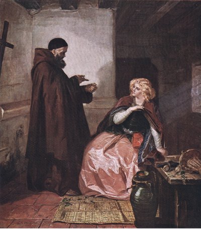 Julia und Pater Lorenzo (Romeo und Julia) Nimm das Fläschchen, wenn du dann im Bett liegst, und trinke diesen destillierten Likör, aus The Complete Works of William Shakespeare, veröffentlicht von J Coker & Co Ltd von Edward Matthew Ward