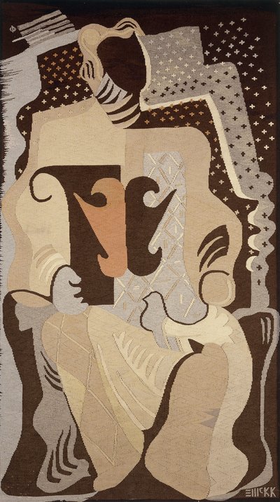 Ein Wandteppich, der eine Frau mit einer Taube auf ihrem Schoß zeigt von Edward McKnight Kauffer
