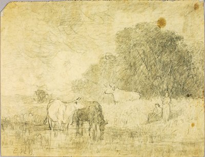 Landschaft mit Kühen am Teich, zwei Figuren von Edward Mitchell Bannister