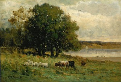 Ohne Titel (Rinder am Fluss mit Segelboot in der Ferne) von Edward Mitchell Bannister