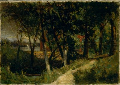 Ohne Titel (Landschaft, Waldszene mit rotem Zaun und Gebäude) von Edward Mitchell Bannister