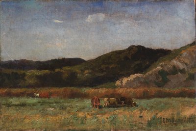 Ohne Titel (Landschaft mit grasenden Kühen, Hügel) von Edward Mitchell Bannister