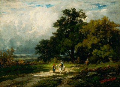 Ohne Titel (Mann auf Pferd mit Frau und Hund) von Edward Mitchell Bannister