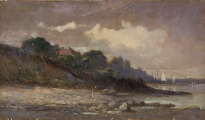 Ohne Titel (Küstenlinie mit Segelbooten und Dach) von Edward Mitchell Bannister