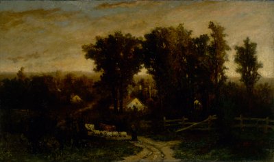 Ohne Titel (Frau mit Rindern und Schafen in der Dämmerung) von Edward Mitchell Bannister