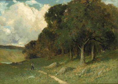 Mann auf einem Pfad mit Bäumen im Hintergrund, 1882 von Edward Mitchell Bannister