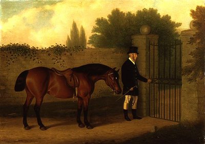 Ein Gentleman führt einen Welsh Cob an einem Gartentor von Edward Tolley