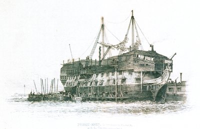 Gefängnisschiff im Hafen von Portsmouth mit den an Bord gehenden Sträflingen von Edward William Cooke