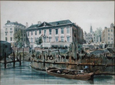 Ansicht eines Holzkoferdamms, der Pfahlrammen und Hebezeuge für die London Bridge umschließt von Edward William Cooke