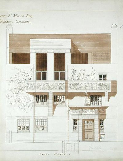 Vorderansicht des Studios und Hauses für Frank Miles, Tite Street, Chelsea, 1878-79 von Edward William Godwin