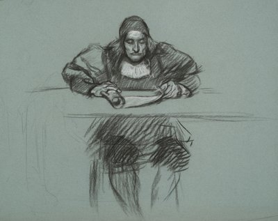 Figur für den Prozess von Königin Katherine. Schreiber am Schreibtisch von Edwin Austin Abbey