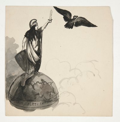 Figur der Freiheit stehend auf einem Globus mit Adler (recto); Conestoga-Wagen in Landschaft (verso) von Edwin Austin Abbey