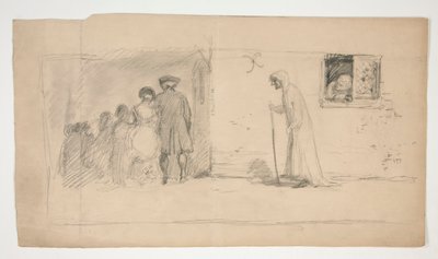 Gruppe von Figuren vor einem Steinhaus - nicht identifizierte Illustration von Edwin Austin Abbey