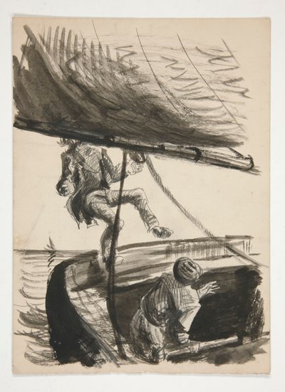 Mann wird vom Baum des Segelboots über Bord geworfen (recto); Unidentifizierte Illustration eines Jungen, der einem Mann die Schuhe putzt von Edwin Austin Abbey