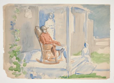 Mann im Schaukelstuhl auf der Veranda mit seiner Frau und seinem Kind - nicht identifizierte Illustration von Edwin Austin Abbey