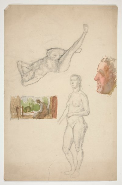 Blatt mit Skizzen: zwei nackte Frauen, Profil eines Mannes, Figur in einem Innenraum sitzend von Edwin Austin Abbey