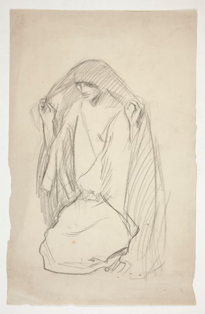 Skizze einer verhüllten weiblichen Figur im Gebet für Drei Marien am Kreuz von Edwin Austin Abbey