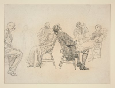 Skizze eines Paares, das ein Spiel spielt, umgeben von Zuschauern, in einem Innenraum (?) - nicht identifizierte Illustration von Edwin Austin Abbey