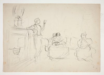 Skizze eines Innenraums: Mann liest laut vor, Frauen stricken - nicht identifizierte Illustration von Edwin Austin Abbey