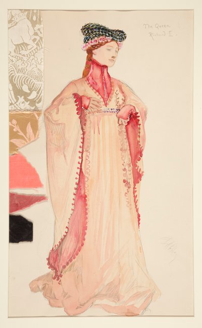 Die Königin (in Pink), Kostümskizze für Henry Irving von Edwin Austin Abbey