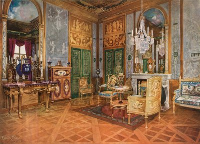 Salon de Musique von Königin Marie Antoinette, Schloss Fontainebleau, Frankreich. Geschnitzte und vergoldete Konsole. Vergoldetes Sofa in Beauvais-Tapisserie. Tisch, mit Ormolu-Montierung und Sevres-Plaketten. Marqueterie-Kabinett von Edwin John Foley