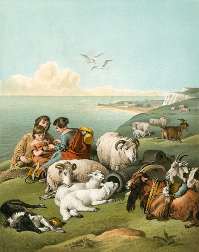 Kinder spielen mit Schafen und Ziegen auf weißen Klippen von Edwin Landseer