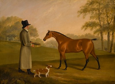 Ein Pferd in einer Landschaft mit dem Stallburschen David Bennet von Edwin W. Cooper