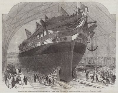 Stapellauf des Schraubendampfschiffs Ihrer Majestät, James Watt (90 Kanonen), in der königlichen Werft von Pembroke von Edwin Weedon