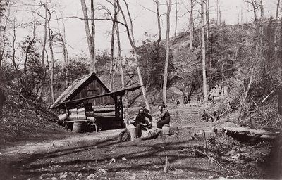 Eine Union Station am James River zur Gewinnung von Schießpulver aus konföderierten..., 1864 von Egbert Guy Fowx.