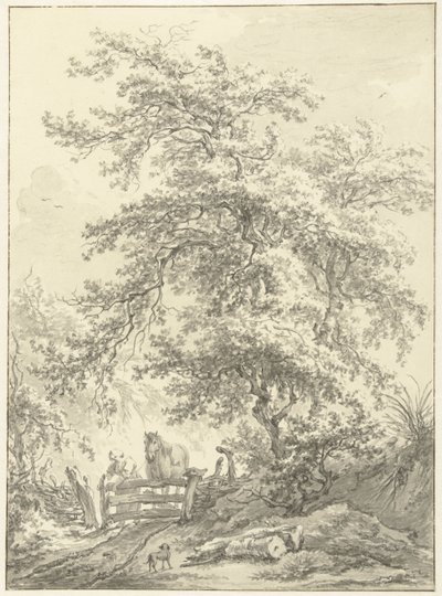 Frau mit Pferd am Zaun unter großem Baum von Egbert van Drielst