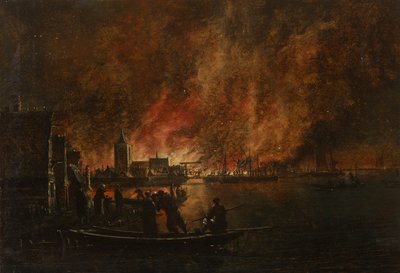 Nächtliches Feuer über holländischer Stadt von Egbert van der Poel
