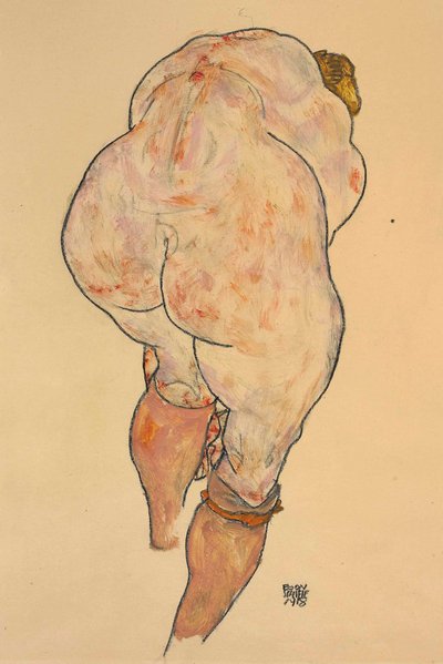 Weiblicher Akt, der Strümpfe hochzieht, Rückansicht, 1918 von Egon Schiele