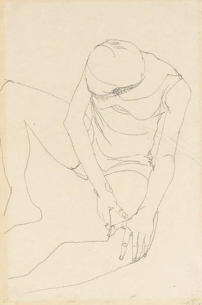 Weiblicher Akt, nach vorne gebeugt, beide Hände auf dem linken Oberschenkel, 1913 von Egon Schiele