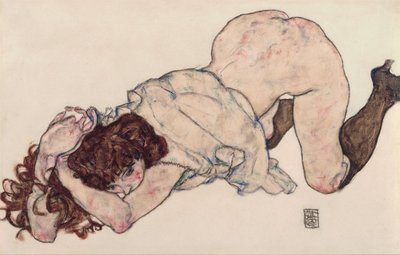 Kniendes Mädchen, auf beide Ellbogen gestützt von Egon Schiele