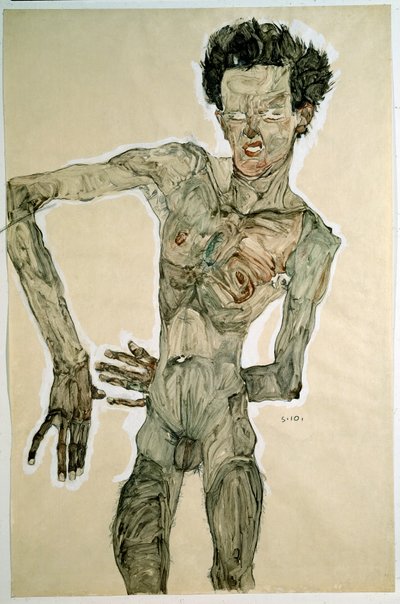 Männlicher Akt (Selbstporträt). Zeichnung von Egon Schiele (1890-1918), 1910. Bleistift, Aquarell und Tempera auf Papier. Dim: 55,7x36,8cm. Wien, Graphische Sammlung Albertina von Egon Schiele